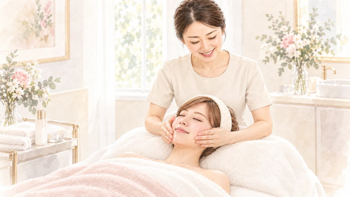 スタッフが患者様の頭側から両手で顔のお手入れをしている水彩イラスト。挙式直前の院内でのケアのイメージ
