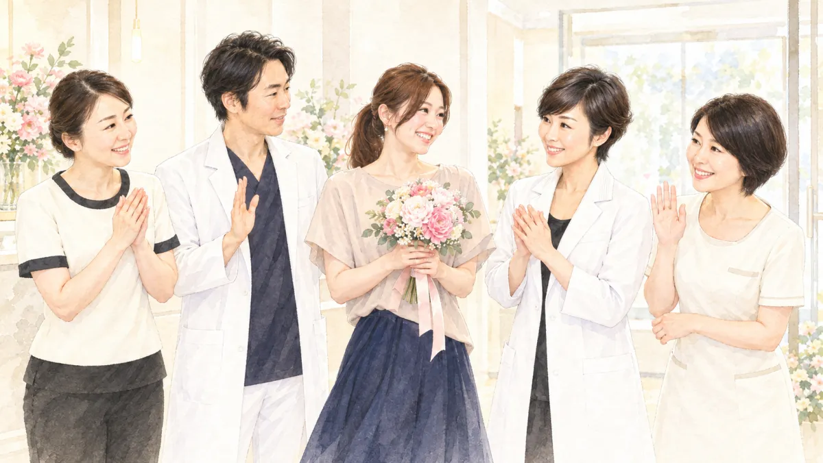 花束を持つ患者様を、院長 奥 謙太郎・副院長 奥 美香子とスタッフが笑顔で囲んでいる水彩イラスト。最後の施術の日のお見送りのイメージ